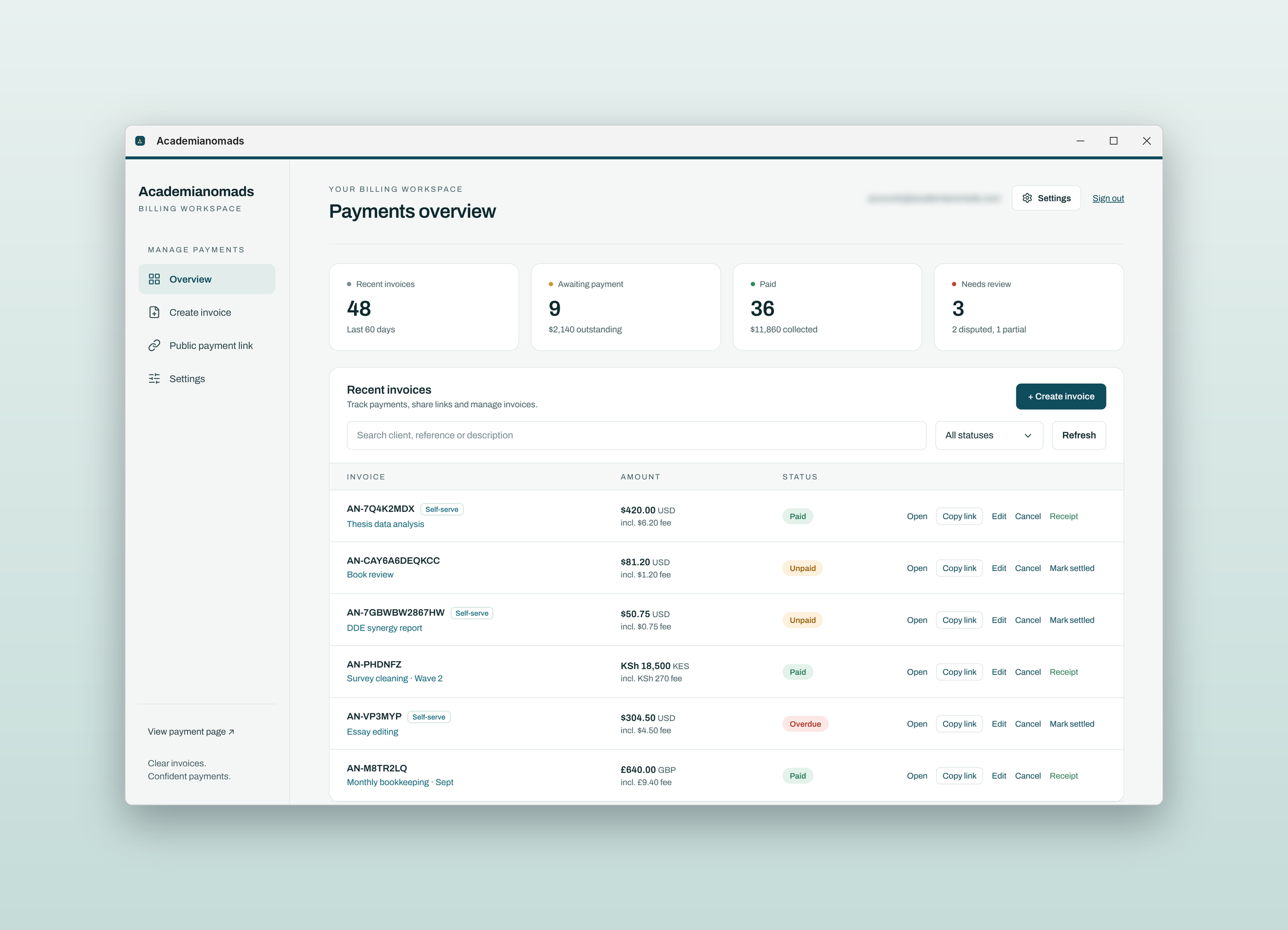 Academianomads: Billing workspace, on a desktop