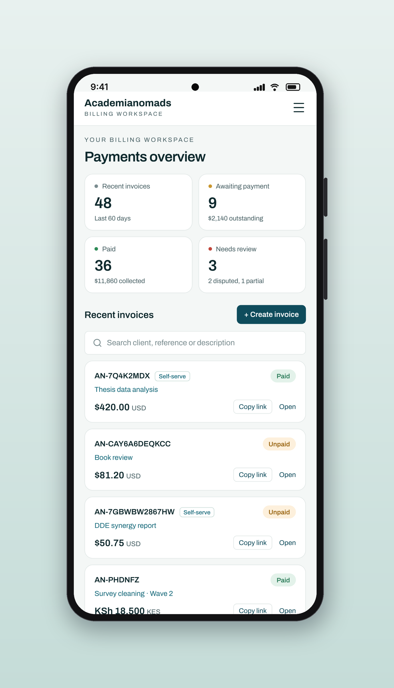 Academianomads: Billing workspace, on a phone