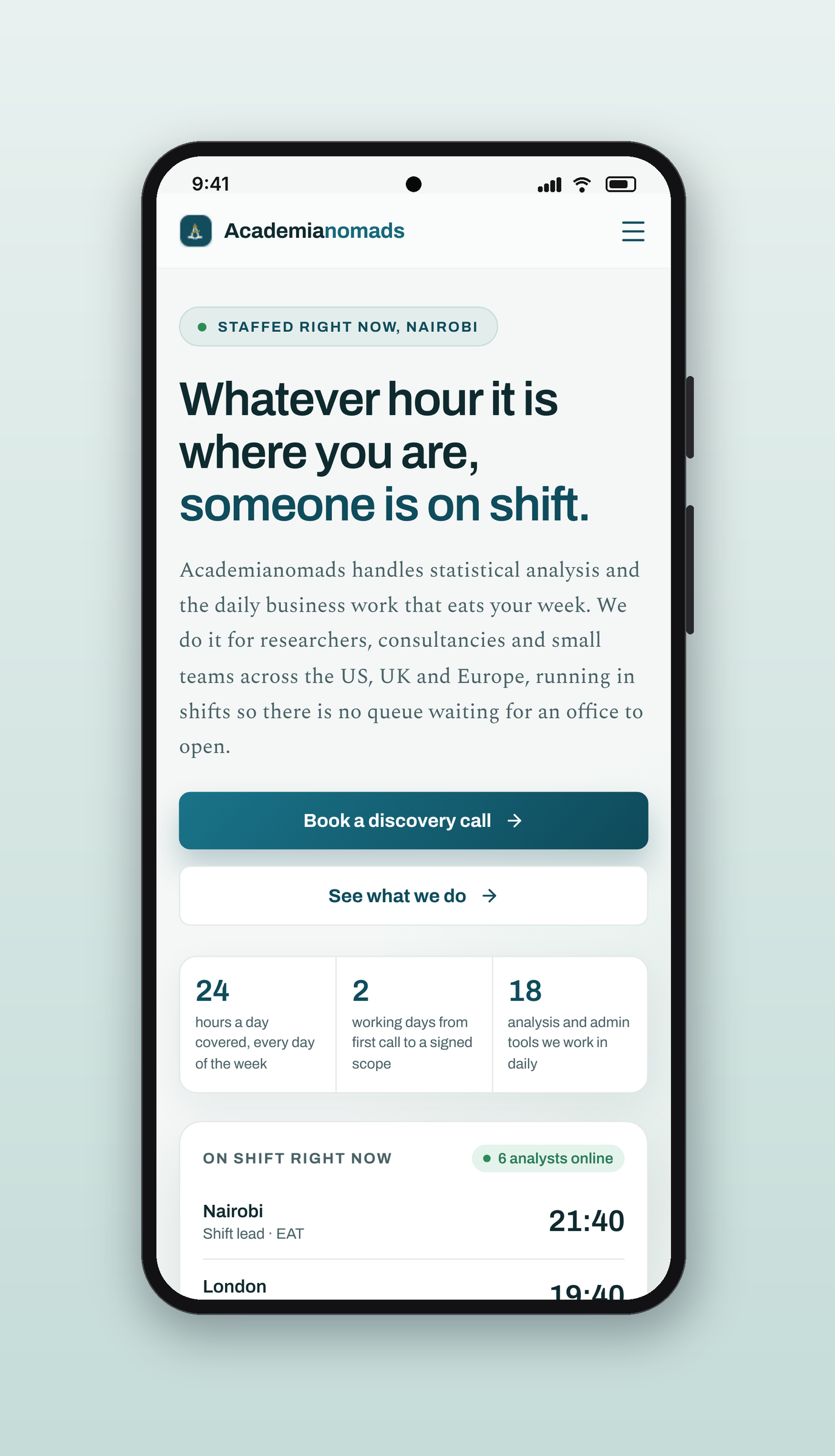 Academianomads: Home page, on a phone