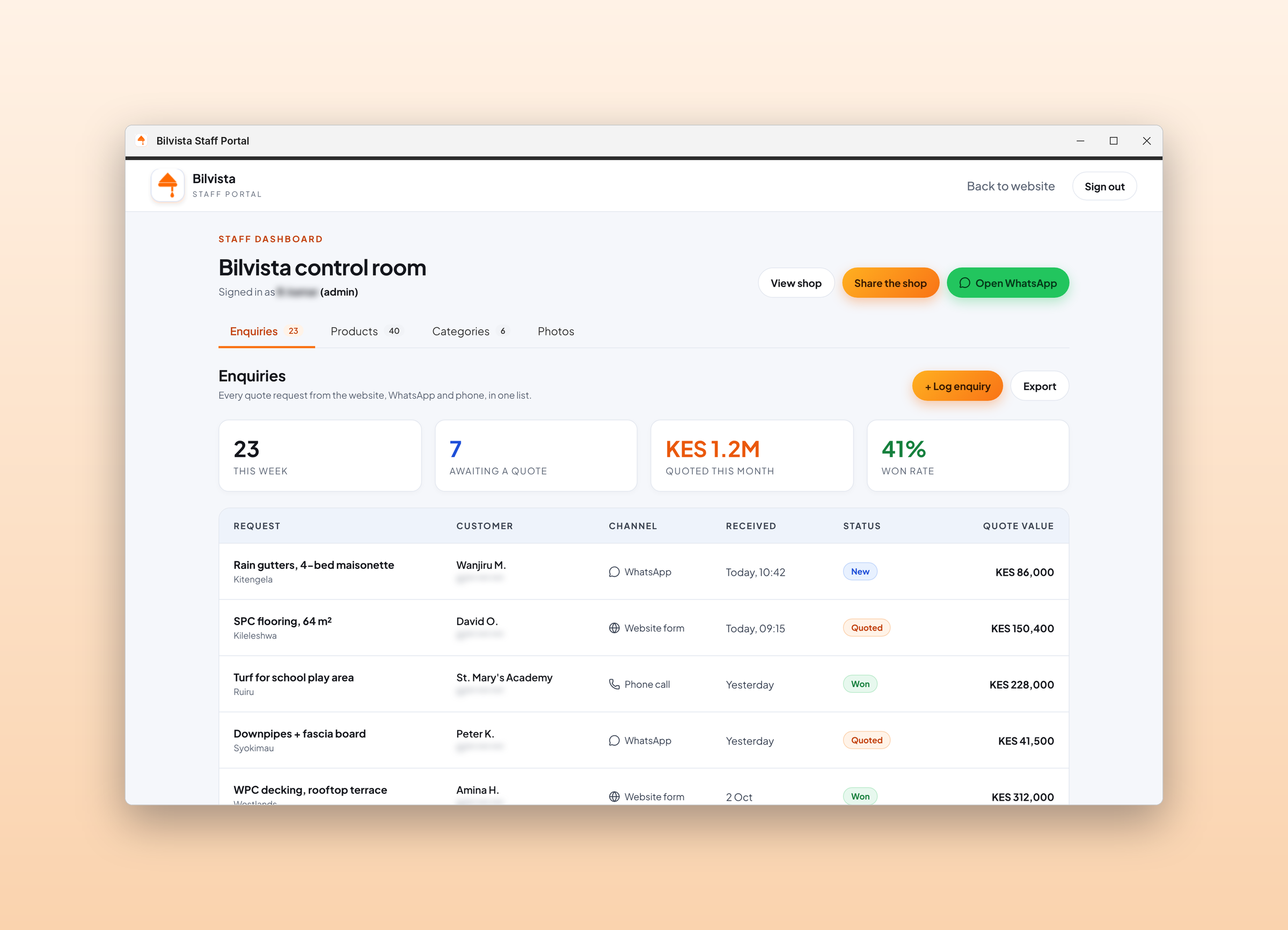 Bilvista Hardware: Enquiries, on a desktop