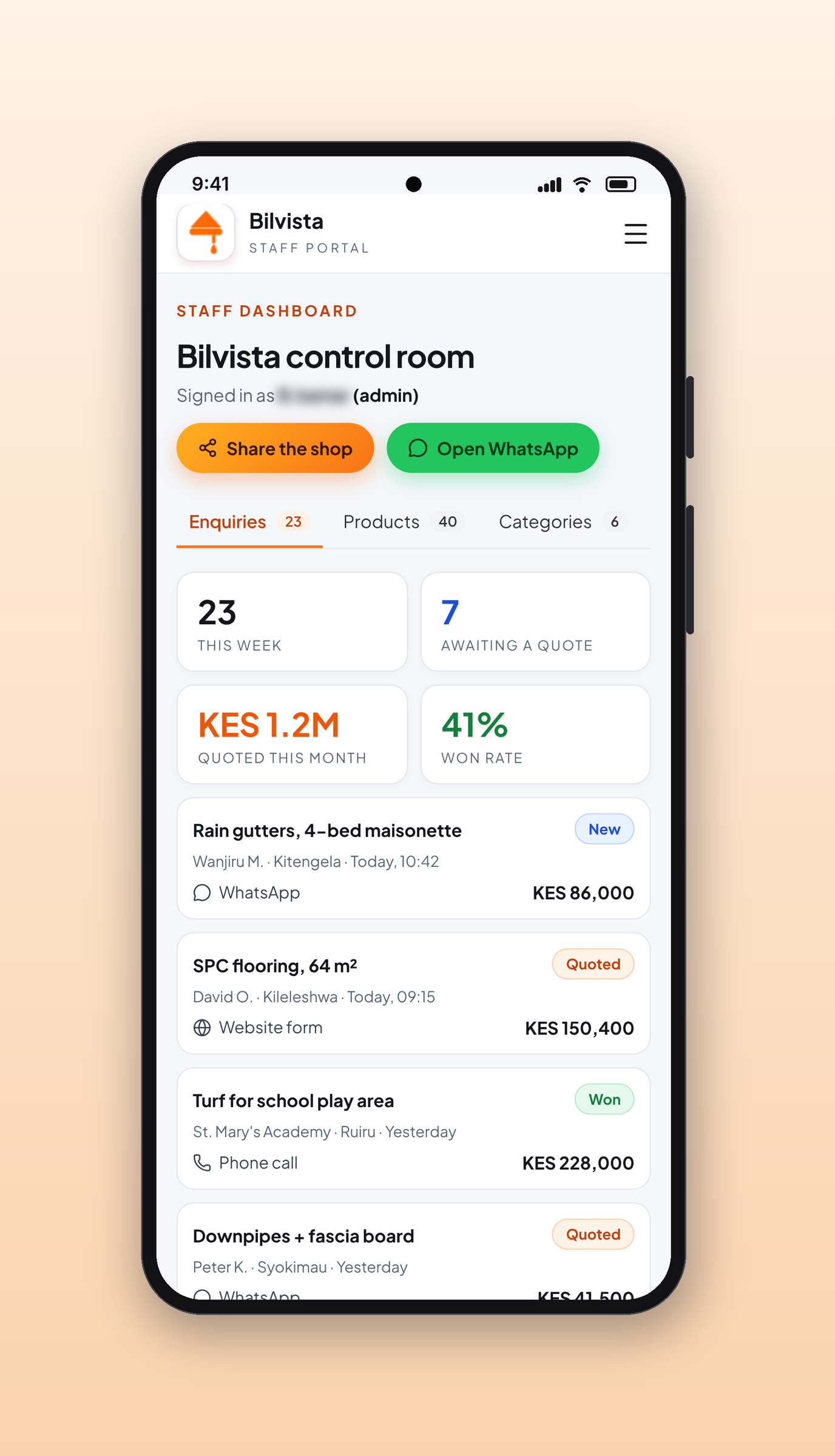 Bilvista Hardware: Enquiries, on a phone
