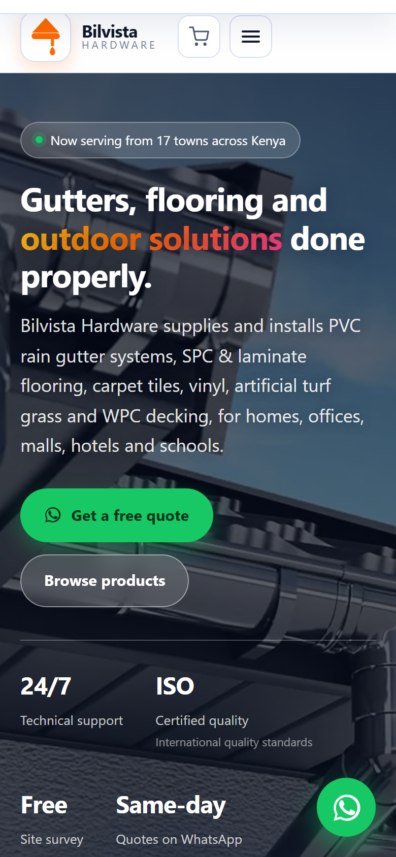 The Bilvista Hardware website on a phone