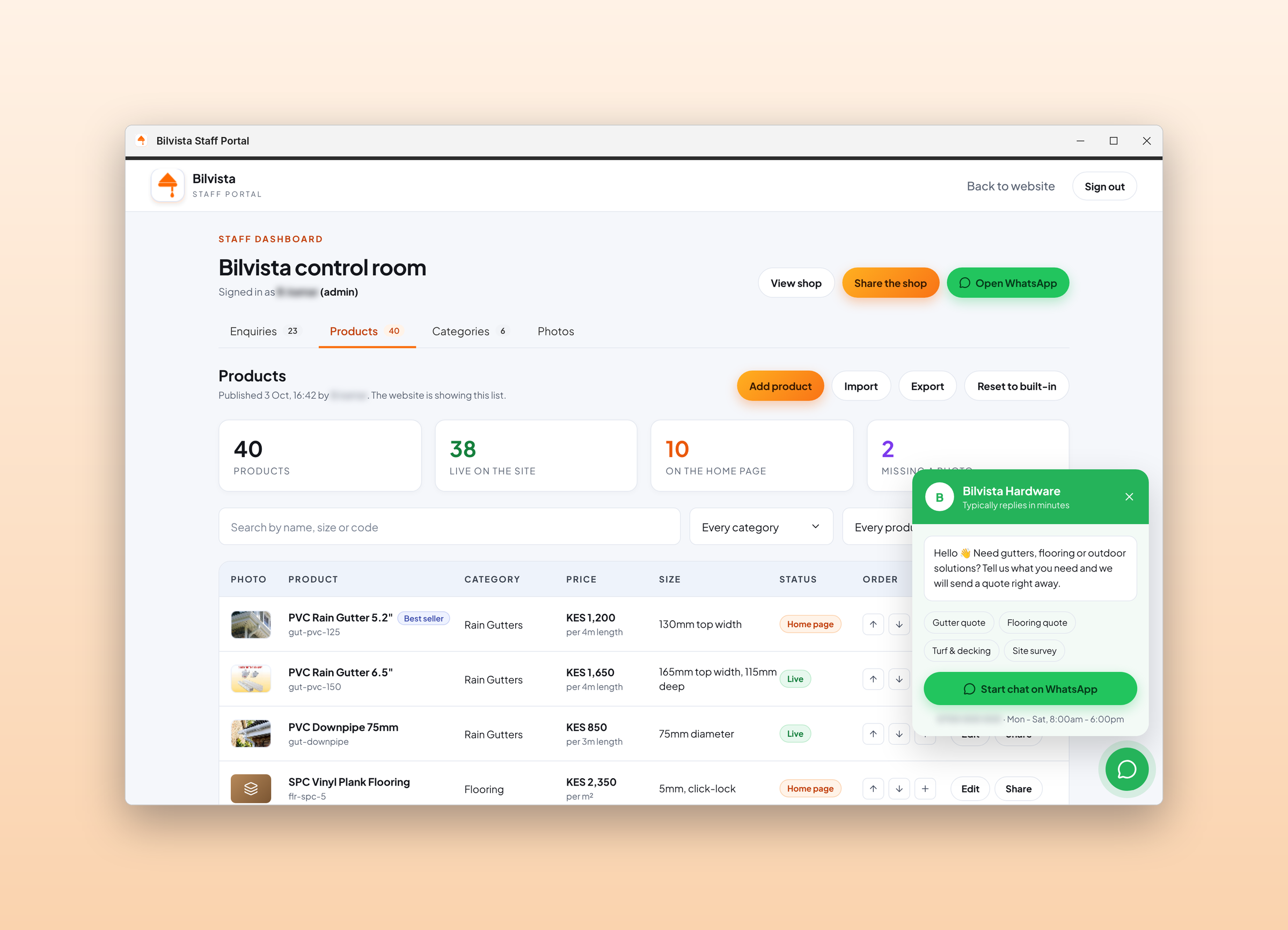 Bilvista Hardware: Product editor, on a desktop