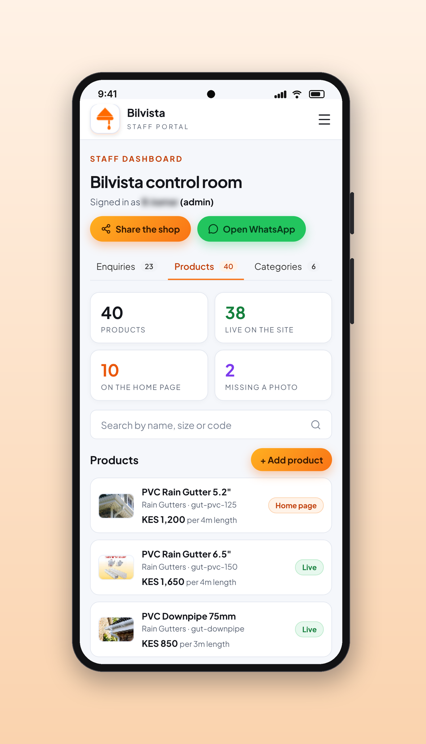 Bilvista Hardware: Product editor, on a phone