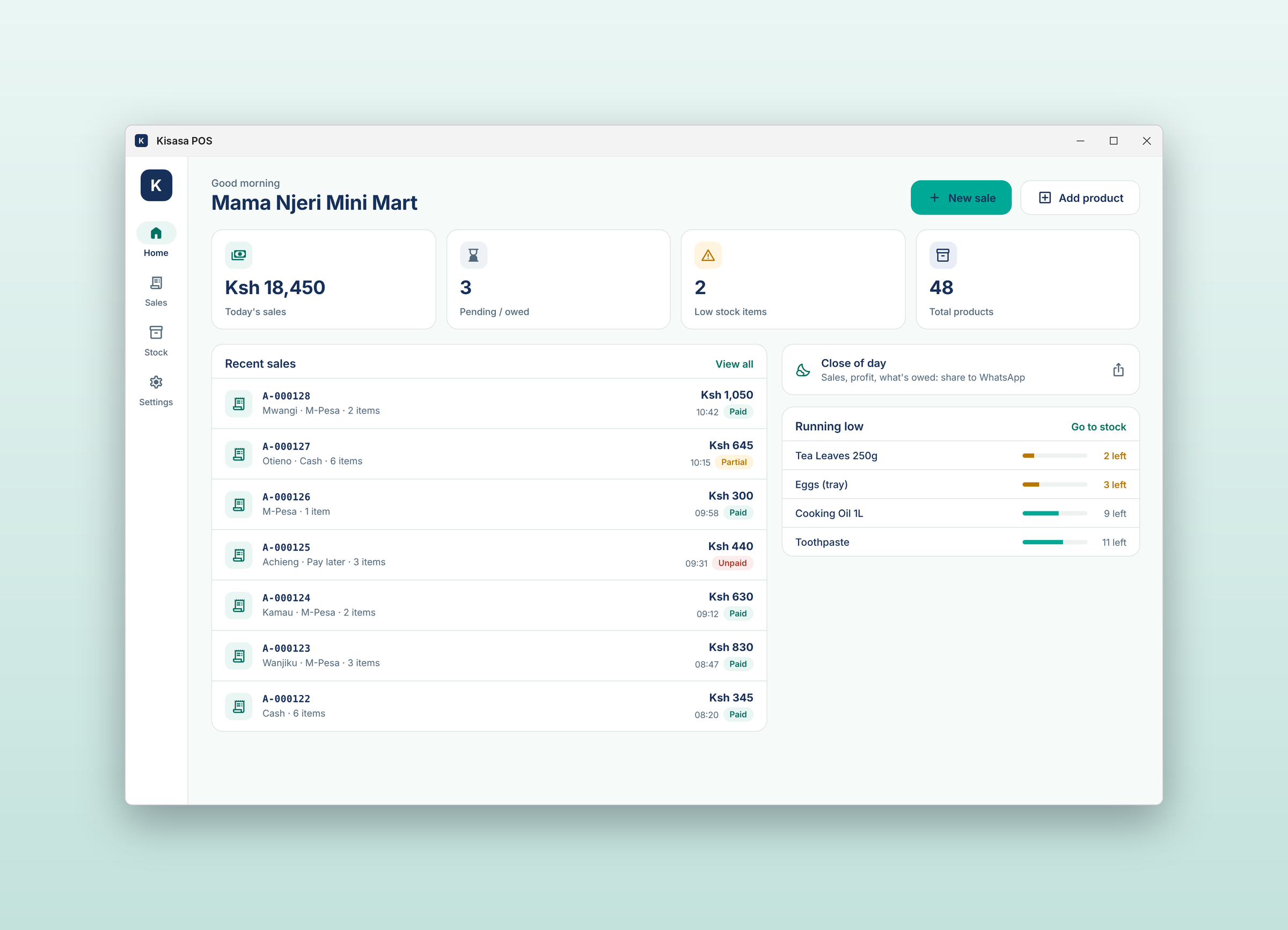 Kisasa POS: Home, on a desktop