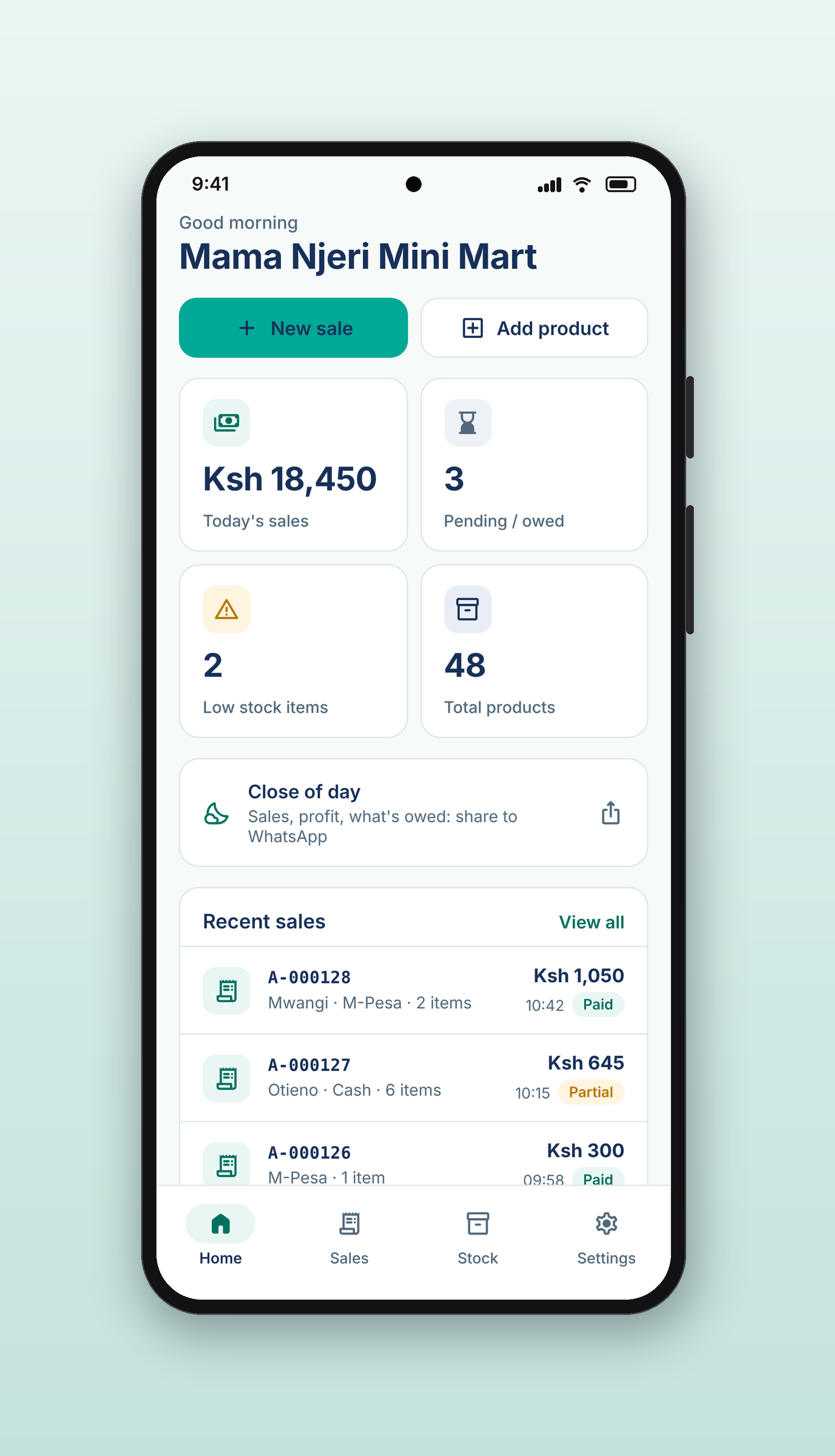 Kisasa POS: Home, on a phone