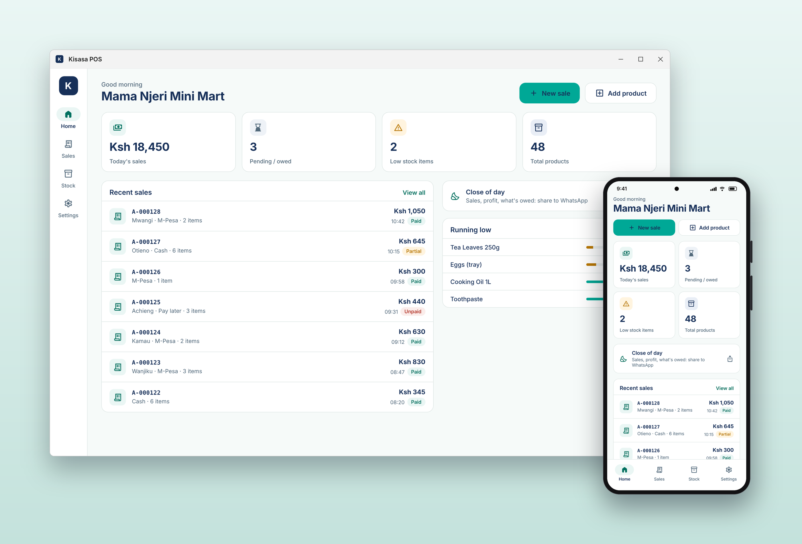 Kisasa POS on a desktop and a phone