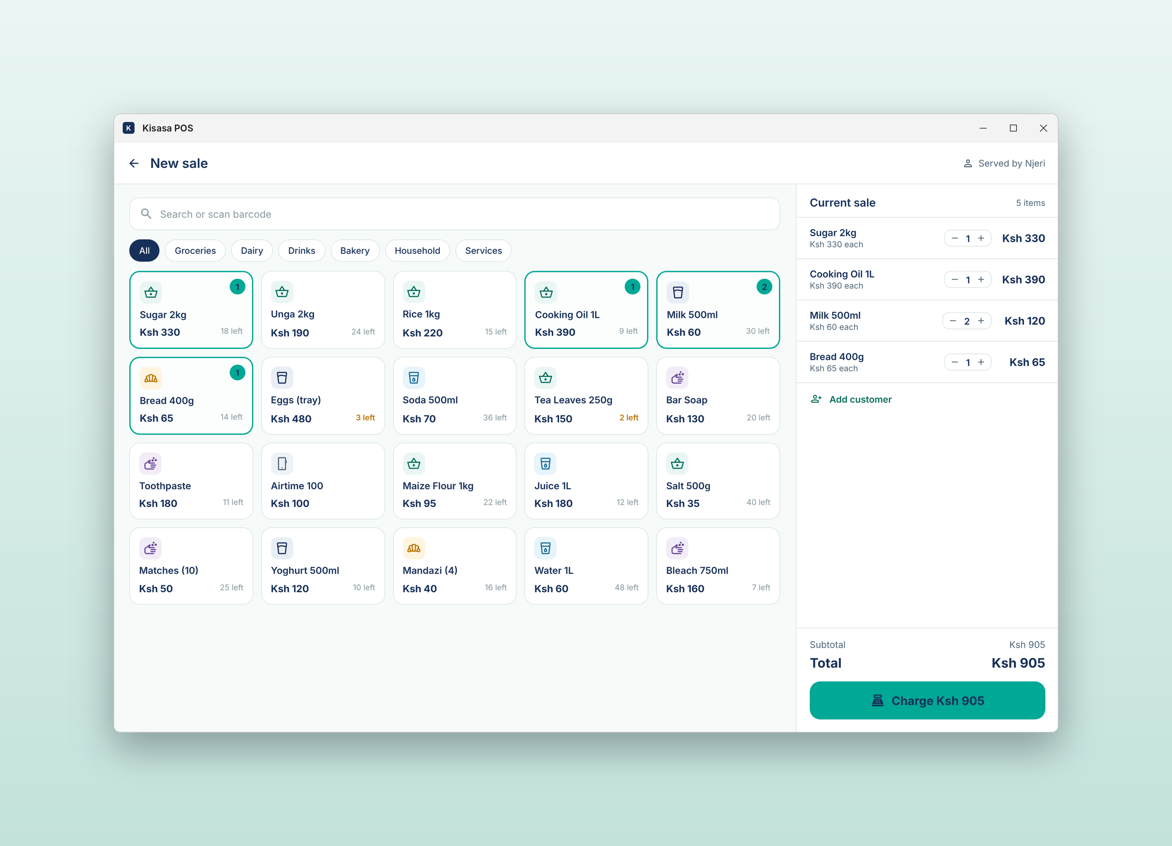 Kisasa POS: New sale, on a desktop