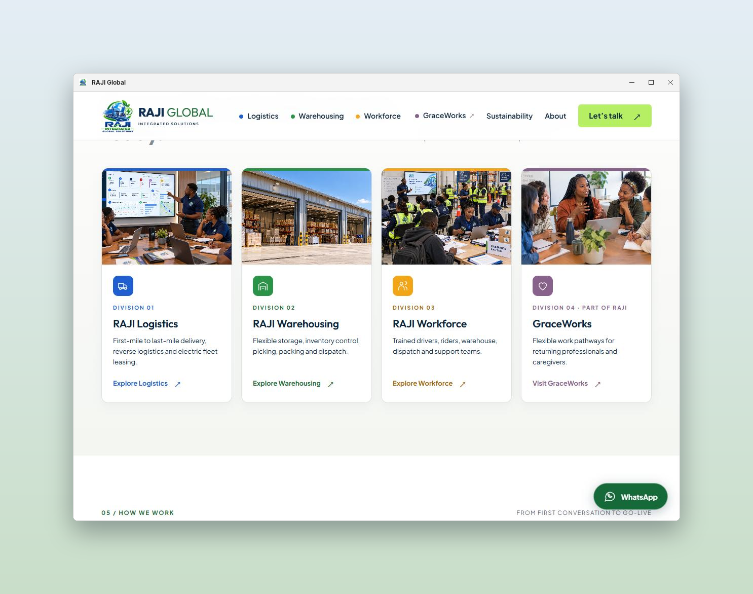RAJI Global: Divisions, on a desktop
