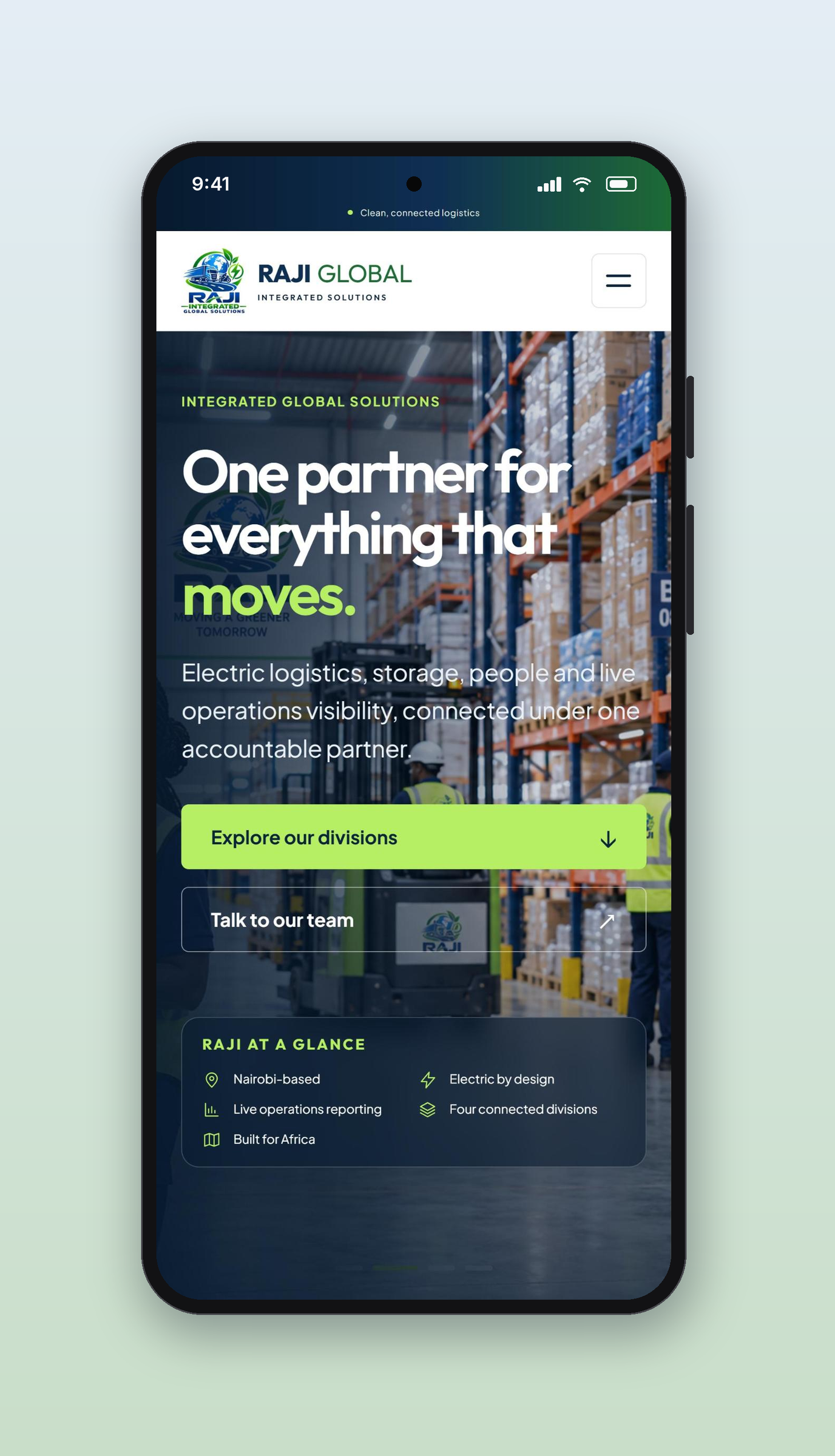 RAJI Global: Home page, on a phone
