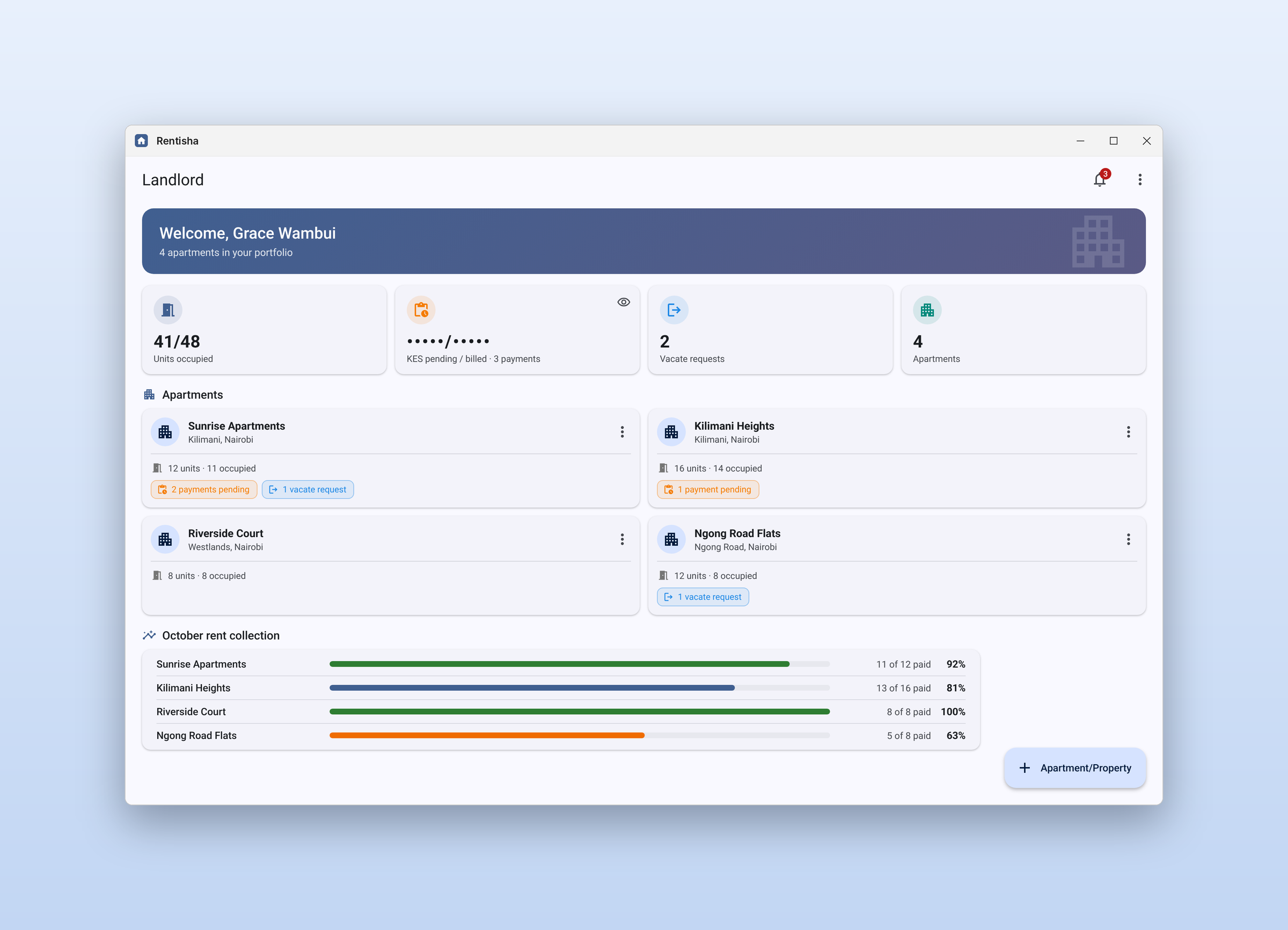 Rentisha: Landlord dashboard, on a desktop