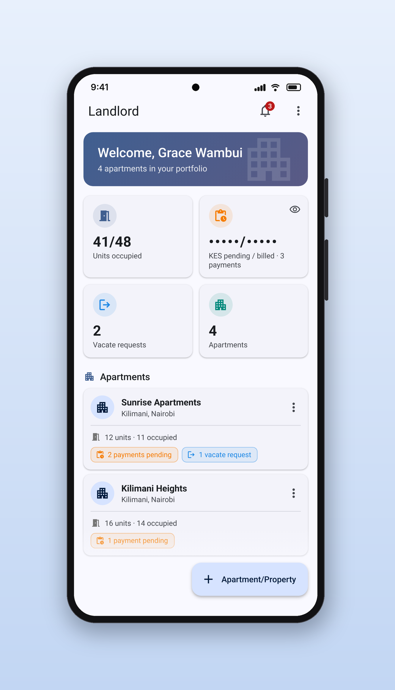 Rentisha: Landlord dashboard, on a phone